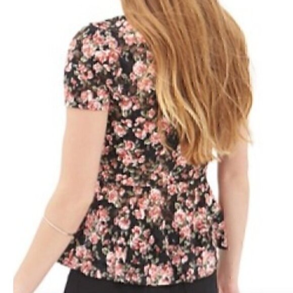 FOREVER 21 Black Pink Multi Floral Lace Twee 2010s Short Sleeve Peplum Blouse M - Picture 3 of 16